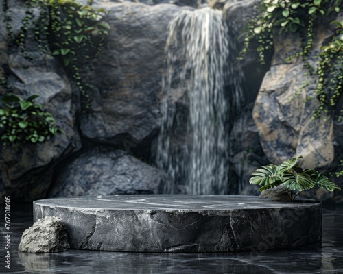 Elevate your product on a black stone podium, the tranquility of a rock waterfall backdrop in a studio scene