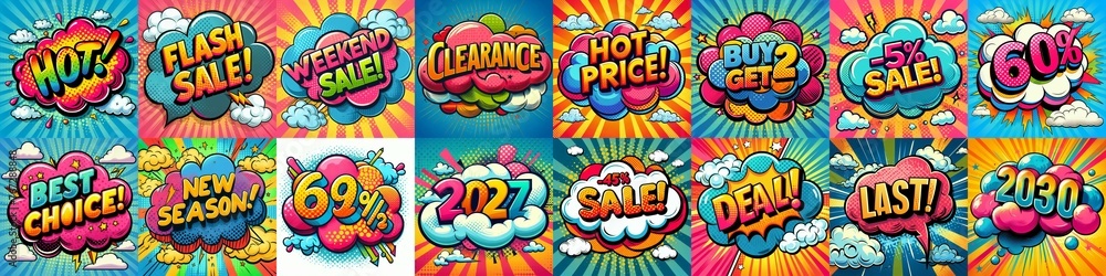 Sale stickers pop art style. AI generated illustration Sale stickers pop art style. AI generated illustration