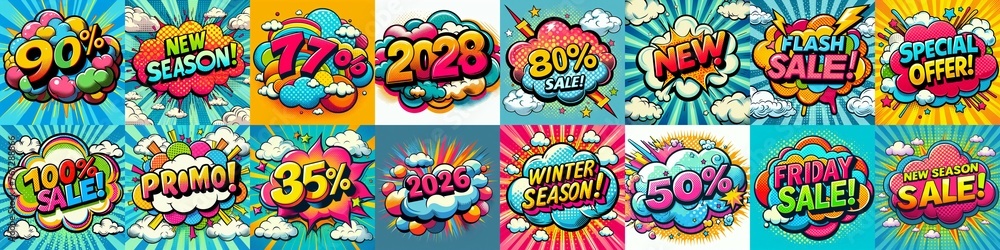 Sale stickers pop art style. AI generated illustration Sale stickers pop art style. AI generated illustration