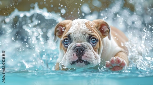 English Bulldog Puppy Having Fun in the Water - Wet fur, Playful Pet with Cute Expression