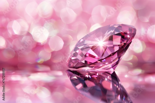 Exceptional Pink Diamond on Brilliant Black Reflective Surface with Beautiful Pink Blurry Crystal Background