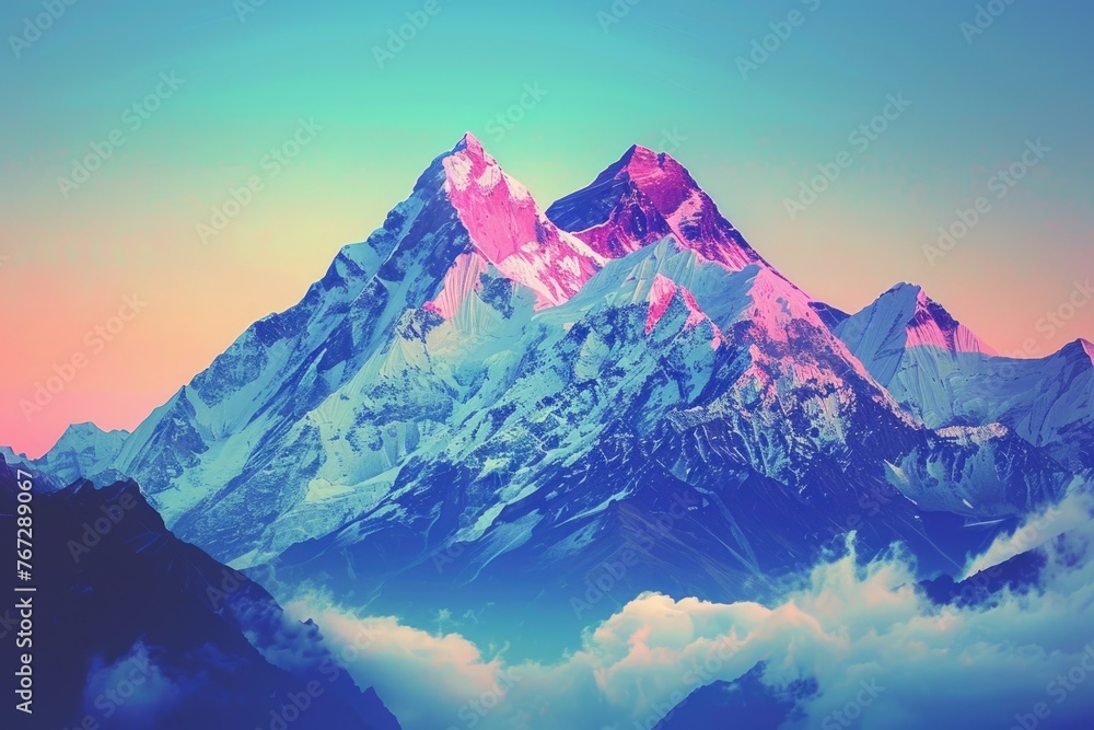 Hipster Retro Instagram Filter: Himalaya Mountains of Nepal. Mountain Background with Tibet Vision and Abstract Coaching Font for Success - obrazy, fototapety, plakaty 