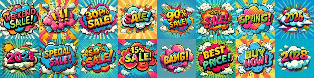 Sale stickers pop art style. AI generated illustration Sale stickers pop art style. AI generated illustration