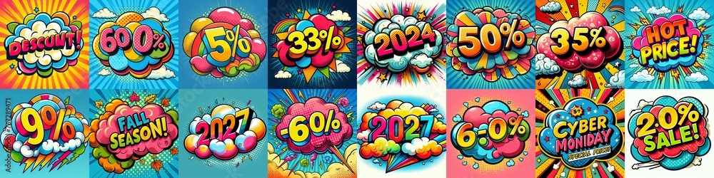 Fototapeta premium Sale stickers pop art style. AI generated illustration