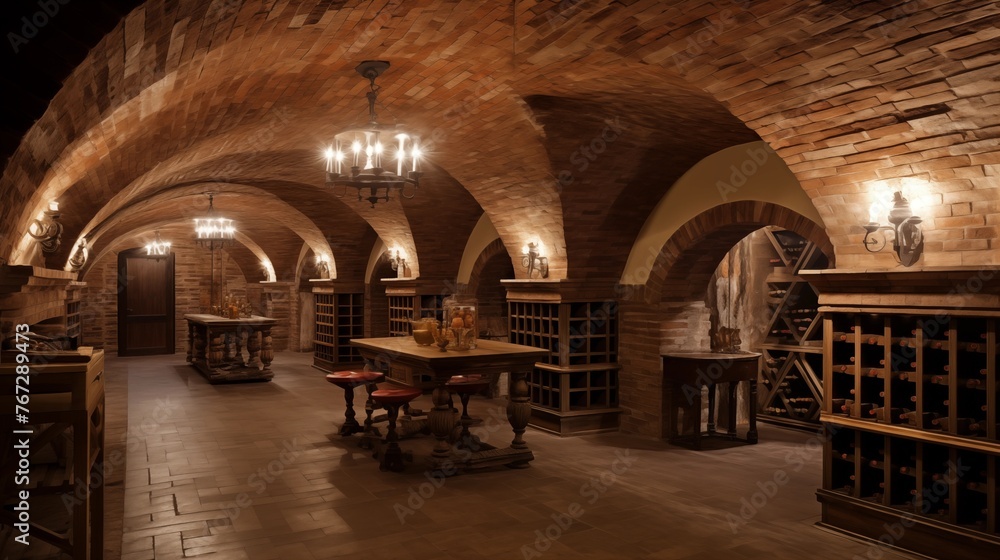Fototapeta premium Old World estate wine cellar with vaulted brick ceilings stone archways and antique wrought iron entries.