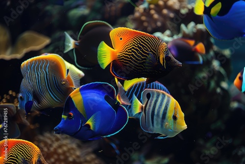 School of Tropical Fish in Colourful Saltwater Aquarium. Underwater view of Group of Fish including Clownfish