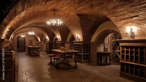 Old World estate wine cellar with vaulted brick ceilings stone archways and antique wrought iron entries.