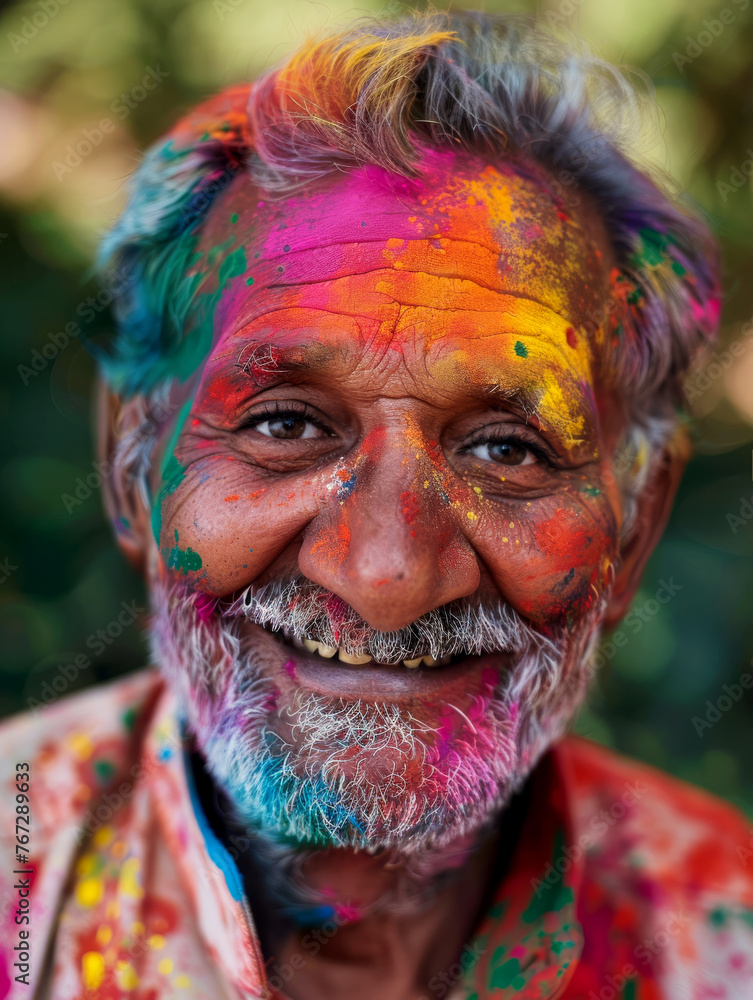60 and happy: a portrait of a joyful man covered in Holi paint