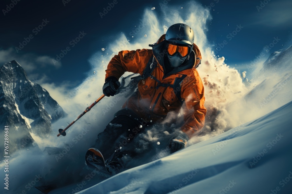 Man skiing down snowy mountains sport clothes Generative AI