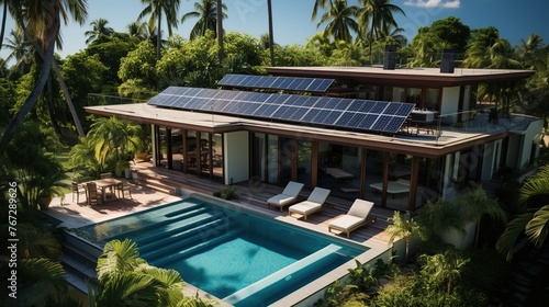 house with solar panels on the roof and pool