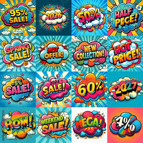 Sale stickers pop art style. AI generated illustration