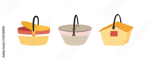 Set of baskets for food. Picnic basket icons and doodles. Cartoon wicker baskets.
