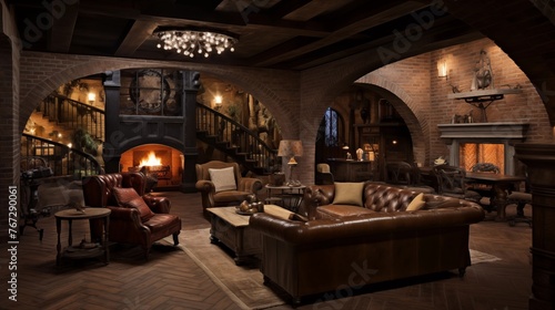 Old World inspired basement speakeasy lounge with brick archways wood beams antique bar and diamond plank wood floors.