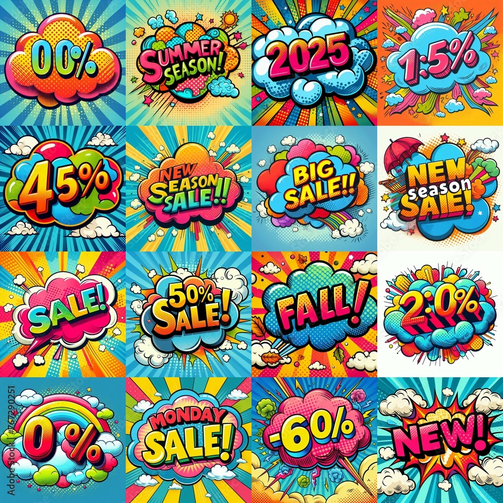 Sale stickers pop art style. AI generated illustration Sale stickers pop art style. AI generated illustration