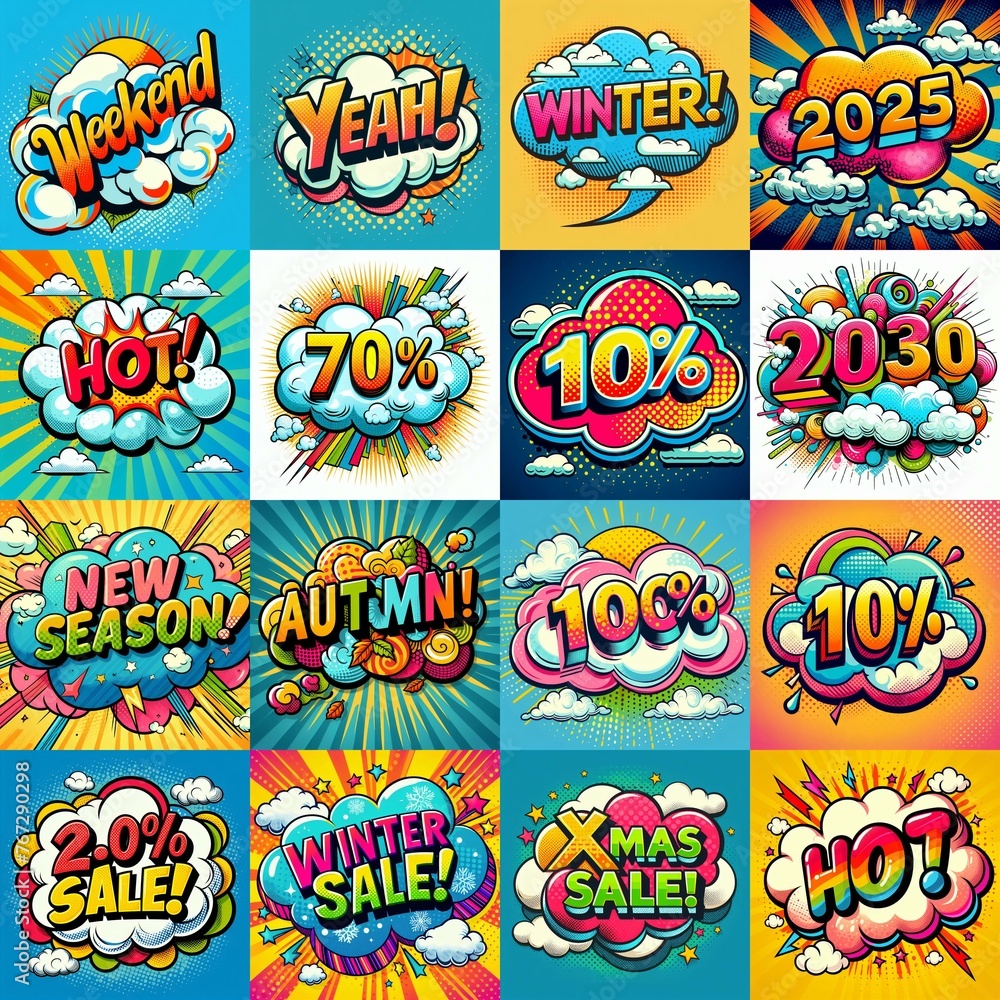 Sale stickers pop art style. AI generated illustration Sale stickers pop art style. AI generated illustration