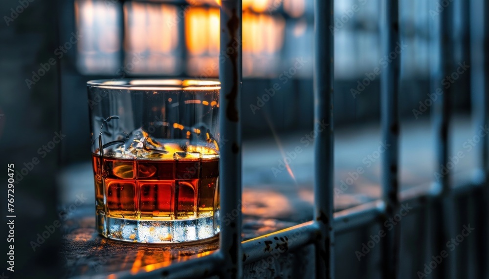 A glass of whiskey sits trapped behind metal bars, symbolizing the prison of alcohol addiction - obrazy, fototapety, plakaty 