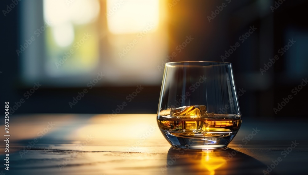 Whiskey glass with amber liquid illuminated by warm sunset light Whiskey glass with amber liquid illuminated by warm sunset light