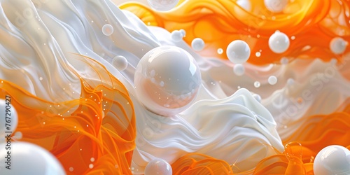 3D rendering of orange and white spheres with waves of liquid flowing in the background abstract art.