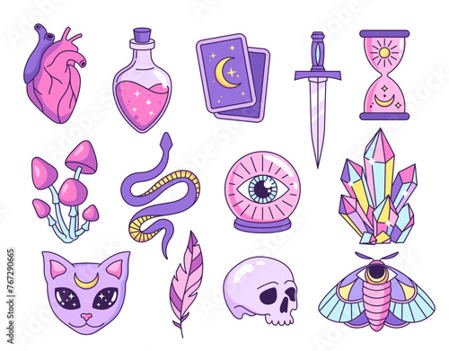 Witchcraft, mystical, astrological, esoteric, magic objects, icons, elements and symbols. Set of cartoon style vector illustrations.