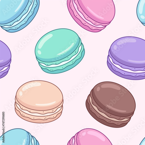 Cartoon style macarons seamless pattern, background. Hand drawn dessert of various colors