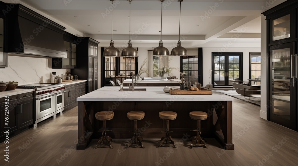 Open concept chef's kitchen with walk-in pantry oversized islands and ...