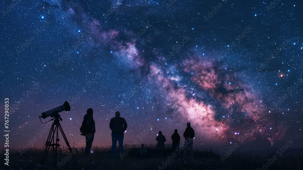 People Silhouettes Watching Stary Sky People Silhouettes Watching Stary Sky