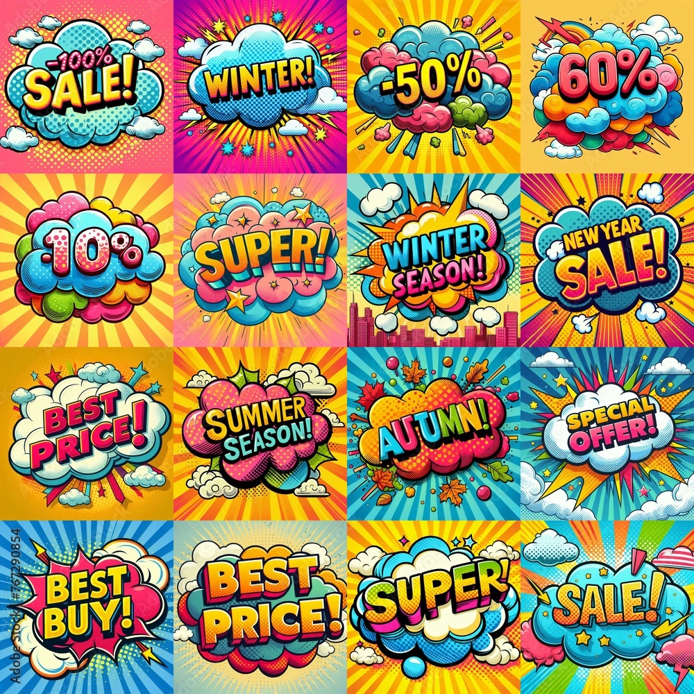 Sale stickers pop art style. AI generated illustration Sale stickers pop art style. AI generated illustration