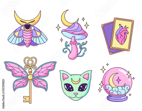 Witchcraft, mystical, astrological, esoteric, magic objects, icons, elements and symbols. Set of cartoon style vector illustrations.