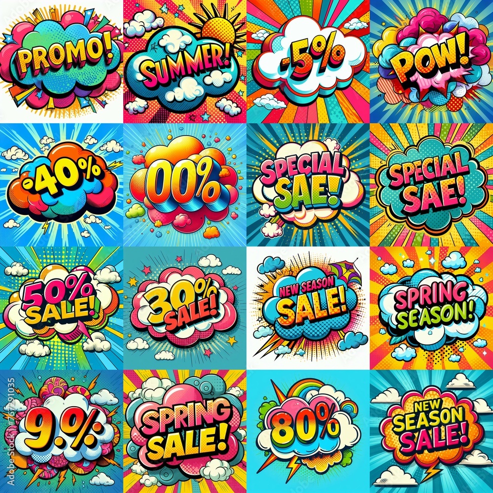 Sale stickers pop art style. AI generated illustration Sale stickers pop art style. AI generated illustration