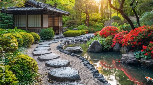 A tranquil image of a traditional Japanese garden, with a stone path leading through meticulously arranged flora © Chaudhry