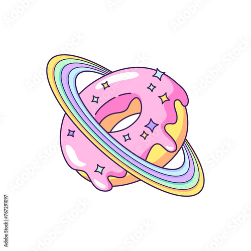 Space donut, doughnut planet with rainbow rings. Cute cartoon drawing, vector illustration
