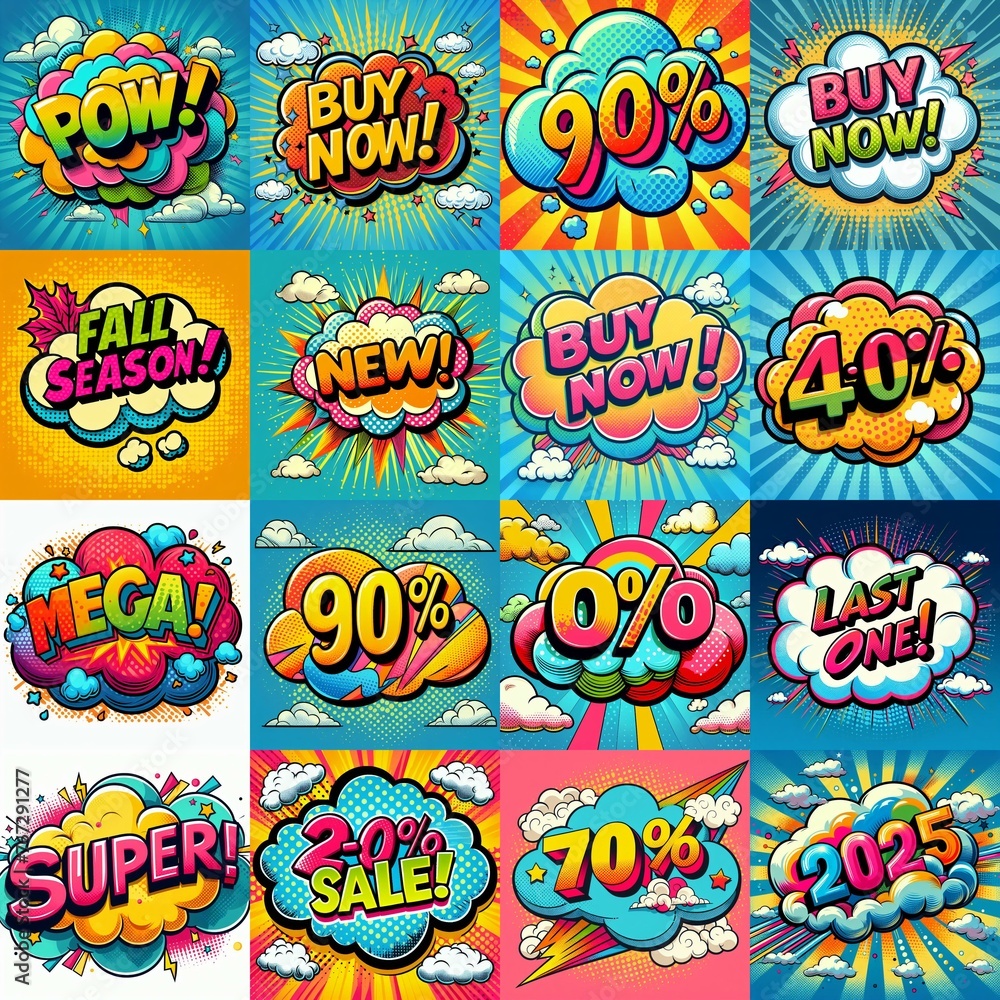 Sale stickers pop art style. AI generated illustration