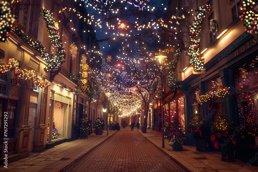 Dazzling Christmas Lights: A street adorned with sparkling Christmas lights, creating a festive and magical atmosphere.

