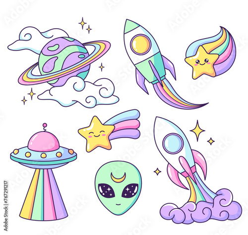 Space objects. Planet, ufo, alien, rocket, rainbow, star cartoon drawings, vector illustrations