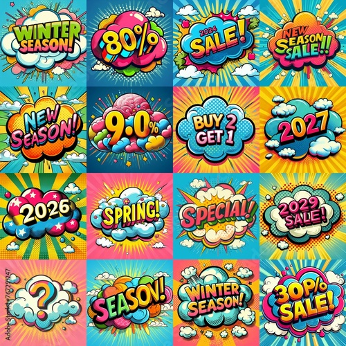 Sale stickers pop art style. AI generated illustration