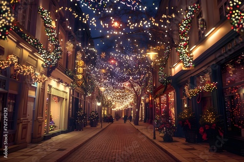Dazzling Christmas Lights: A street adorned with sparkling Christmas lights, creating a festive and magical atmosphere.