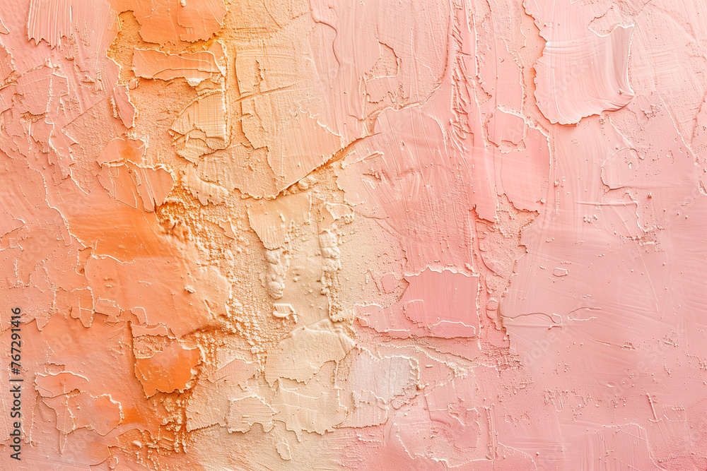 A wall with orange and white paint and a pink background. The wall has a textured appearance, with some areas appearing to be chipped or peeling.