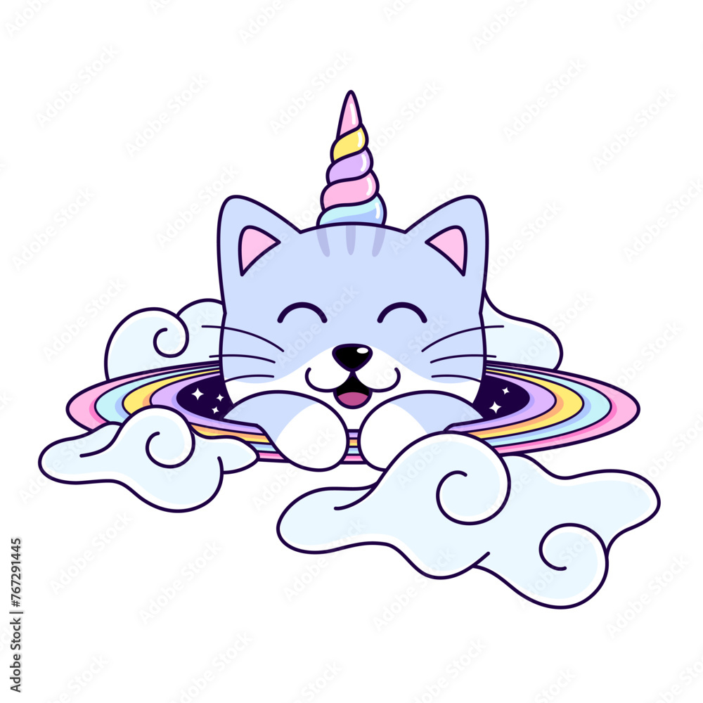 Unicorn cat head in space rainbow ring with clouds, cute magic cartoon style illustration Unicorn cat head in space rainbow ring with clouds, cute magic cartoon style illustration
