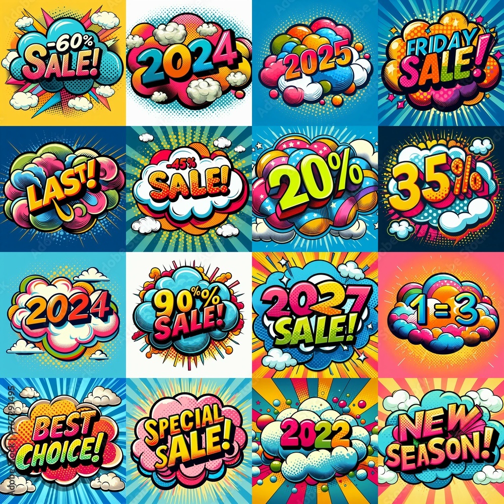 Sale stickers pop art style. AI generated illustration