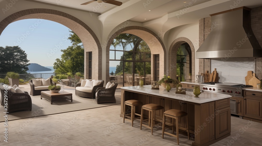 Fototapeta premium Open-air indoor/outdoor loggia kitchen and living area with bead board ceilings brick arches and scenic vistas.