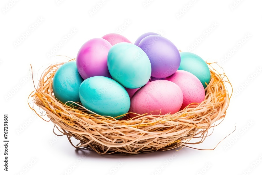 Multi colors Easter eggs in the woven basket isolated on white background with clipping path. Pastel color Easter eggs - generative ai Multi colors Easter eggs in the woven basket isolated on white background with clipping path. Pastel color Easter eggs - generative ai
