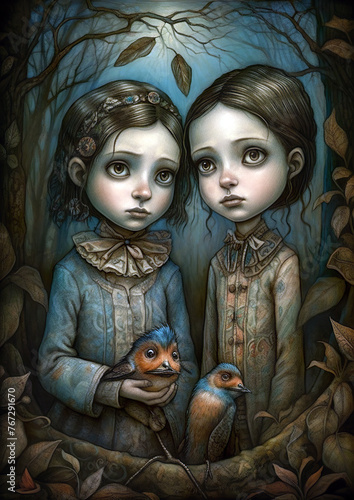 Two expressive-eyed children in vintage clothing stand against a backdrop of leafy braids and branches. One child gently holds a small bird in her hand while another bird stands beside them. AI genera