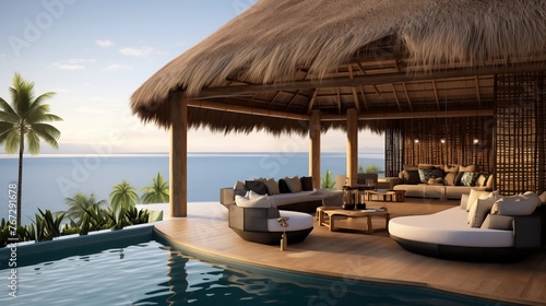 Open-air tropical cabana with soaring thatched roof and seamless views across an infinity pool.