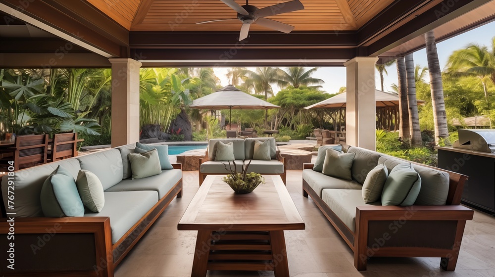 Open-air tropical lanai living room with vaulted tongue-and-groove ceilings overhead fans seamless indoor/outdoor transitions and soothing water feature.