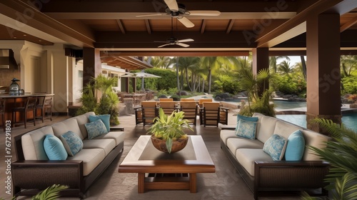 Open-air tropical lanai living room with vaulted tongue-and-groove ceilings overhead fans seamless indoor outdoor transitions and soothing water feature.