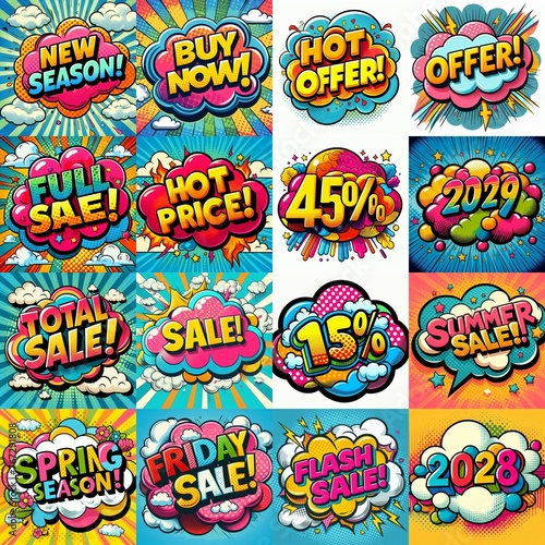 Sale stickers pop art style. AI generated illustration