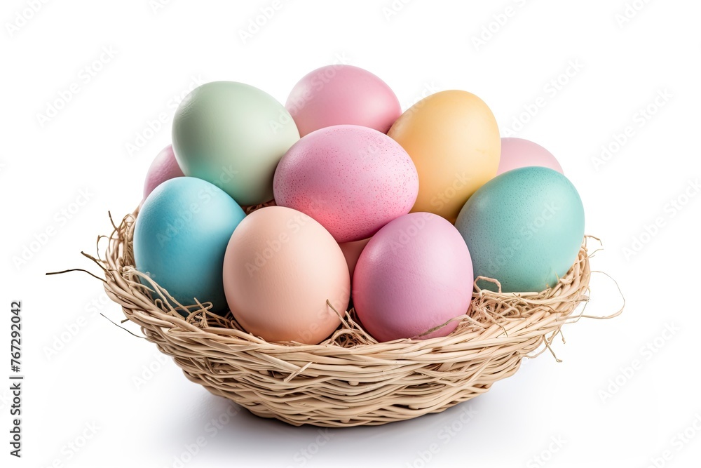 Multi colors Easter eggs in the woven basket isolated on white background with clipping path. Pastel color Easter eggs - generative ai Multi colors Easter eggs in the woven basket isolated on white background with clipping path. Pastel color Easter eggs - generative ai