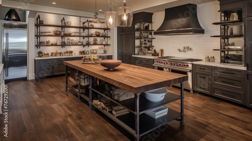 Open-concept chef's kitchen with pro appliances butcher block and pantry.