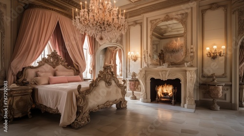 Opulent French ch??teau master bedroom suite with carved canopy bed crystal chandelier antique furnishings and marble fireplace. photo