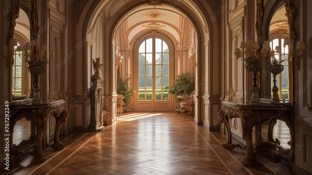 Fototapeta premium Opulent French chateau oval hallway with arched windows herringbone parquet floors mirror-paneled walls gilded plaster details and curving staircases.